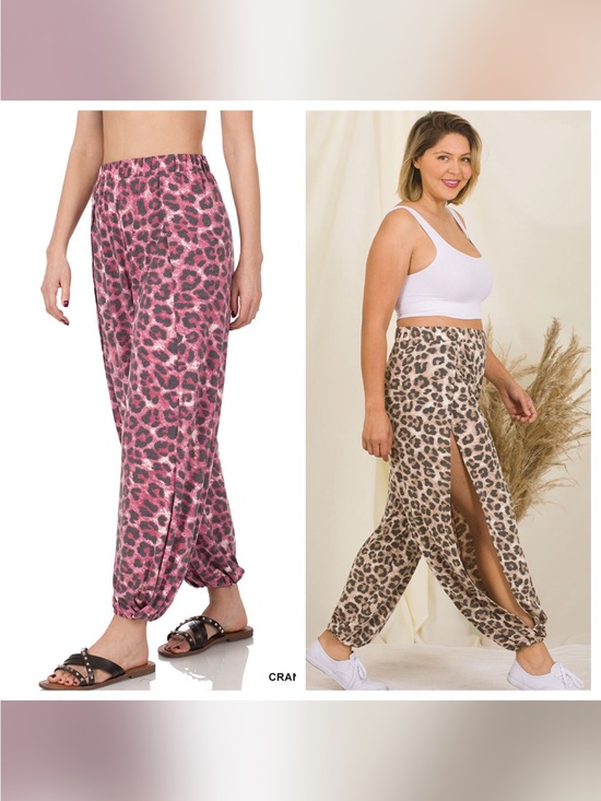 Zenana Signature Pants - Zenana Leopard Print Split Side Resort Joggers in Brown with Elastic Ankle